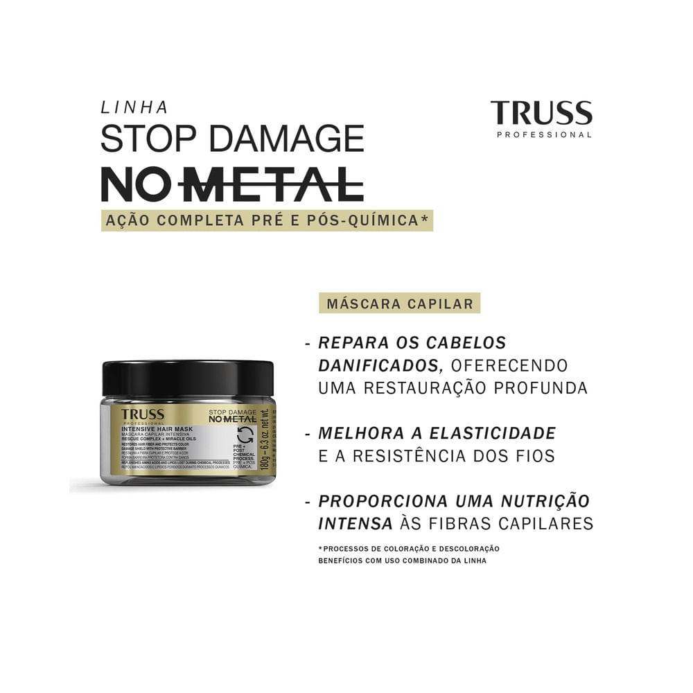 Frasco da Máscara Capilar Truss No Metal 180g em posição vertical sobre fundo branco.